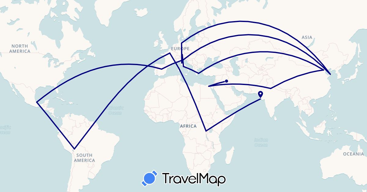 TravelMap itinerary: driving in Bolivia, Democratic Republic of the Congo, China, Germany, Egypt, Spain, France, Greece, India, Iraq, Italy, Mexico (Africa, Asia, Europe, North America, South America)